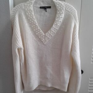 White House Black Market Cream Pearl V-Neck Sweater
